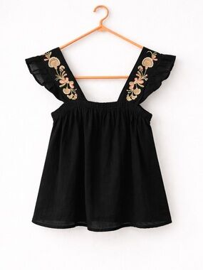 Madewell Black Embroidered Flutter Sleeve Top XXS Boho Peasant Blouse